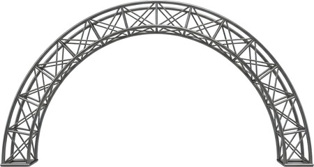 A curved aluminum metal truss structure forms a semi circular arch suitable for staging and event installations in industrial design stage silver framework equipment transparent background