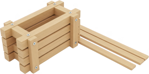 Isometric view of a light wooden slat crate or container structure constructed with visible metal screws on a plain surface wooden crate wood box storage slatted wood transparent background
