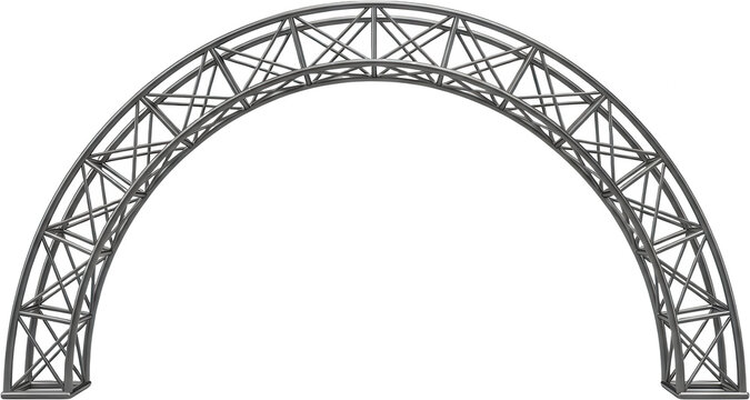 A curved aluminum metal truss structure forms a semi circular arch suitable for staging and event installations in industrial design stage silver framework equipment transparent background