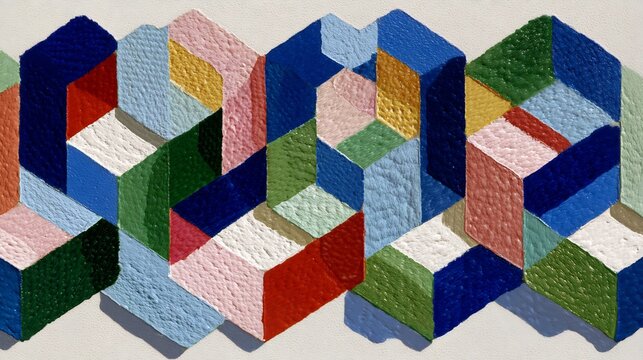 Abstract cubist pattern with vibrant blocks casting shadows on a white background. - Powered by Adobe