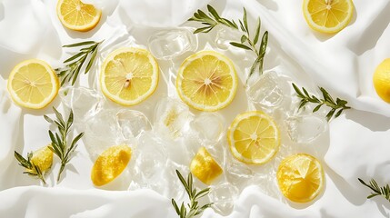 Refreshing Lemon & Rosemary Ice Cubes on White Fabric
