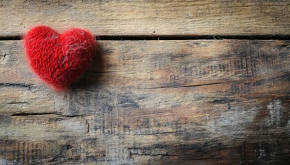 Fluffy red knitted heart rests on weathered wooden surface