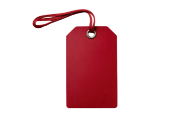 Red rectangular tag with metal eyelet and red string on black background label price