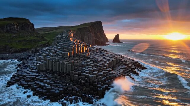 Dramatic Sunset Over the Giants Causeway Basalt Columns in Northern Ireland.