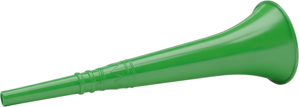 A glossy bright green plastic vuvuzela horn with ribbed texture detail angled diagonally across the frame trumpet noise maker stadium sport event celebration party transparent background - Powered by Adobe