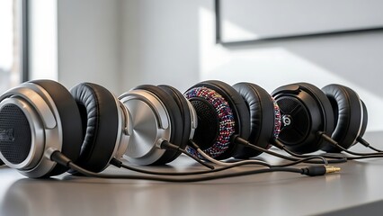 Multiple headphones arranged on a sleek surface in a bright and modern environment