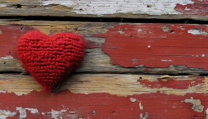 Knitted red heart decoration hangs against weathered wooden boards with peeling paint