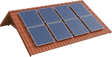 Eight blue photovoltaic solar panels mounted securely on a terracotta tiled pitched roof section under bright illumination renewable energy solar power terracotta tiles transparent background