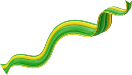 Waving glossy ribbon element featuring vibrant green and bright yellow flowing stripes rendered in 3D 3D render abstract decoration design element celebration banner transparent background
