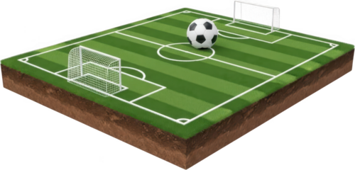 Isometric cross section of a lush green soccer field with white markings goalposts and a classic football resting on the turf football pitch soccer ball sports equipment transparent background