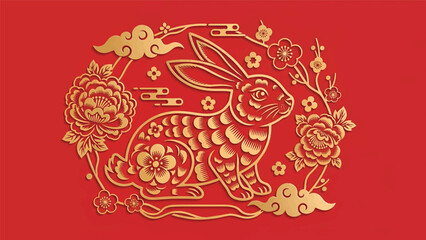 Golden Rabbit Illustration on Red Background.