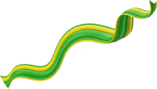Waving glossy ribbon element featuring vibrant green and bright yellow flowing stripes rendered in 3D 3D render abstract decoration design element celebration banner transparent background - Powered by Adobe