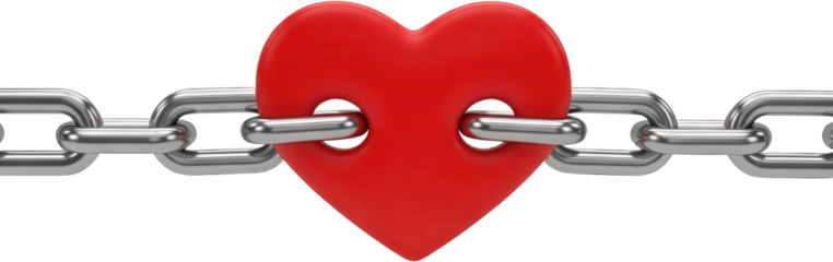 A bright red three dimensional heart shape is fastened securely in the middle of a shiny metallic link chain assembly love connection commitment security relationship transparent background
