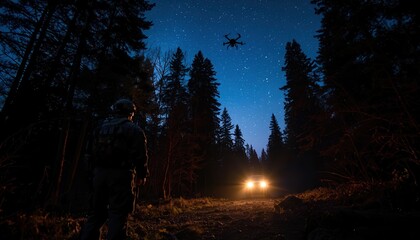 Drone Surveillance Under the Stars: A solitary figure, silhouetted against the night sky, monitors the flight of a drone amidst a deep forest.