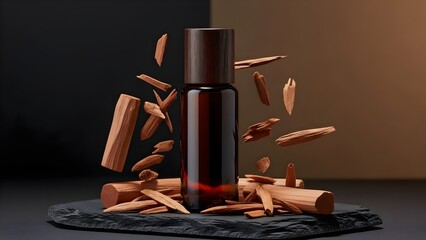 Men's grooming cologne bottle leather texture whiskey tobacco leaves brown black gradient masculine fragrance no text