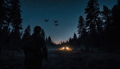 Drones and Vision in the Night: A soldier with a forward vision, observing high-tech drones navigating a twilight landscape, symbolizing vigilance, modern technology, and strategic surveillance.