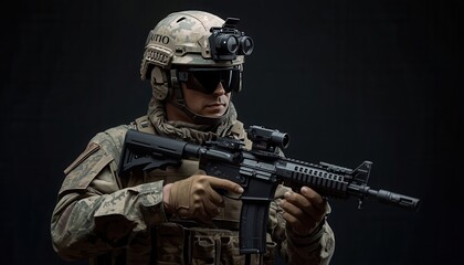 Military Defender with Firearm: A focused soldier stands ready, embodying discipline and readiness with a combat weapon. A display of strength.