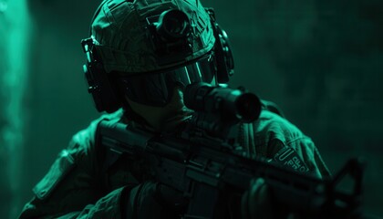 Stealth Mission at Night: A soldier is equipped with advanced night vision technology, embodying precision and vigilance in the shadows. The scene highlights the dedication of the armed forces.