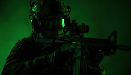 Shadows of Duty: A determined soldier, illuminated by the eerie glow, holds a rifle at the ready. This image evokes the solemnity of duty and the unseen battles fought in the darkness.