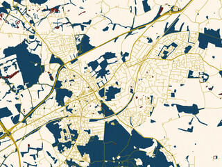 Fototapeta premium Decorative abstract map of Brentwood, United Kingdom, featuring deep-red water with clean ivory streets and warm gold road lines on a soft cream background
