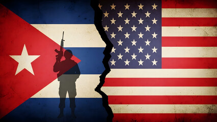 A cracked image showing the Cuban flag with a soldier silhouette and the American flag, symbolizing conflict and division.