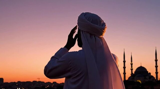 Muslim Man Performs Adzan Call Sunset Over Mosque City