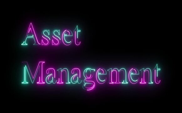 Neon asset management text icon glows steadily, letters animate with smooth pulse and flicker, modern finance tech style, dark background, clean loop, futuristic control visuals.
