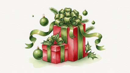 Vibrant Christmas gifts adorned with green ribbons and ornaments displayed on a clean white background