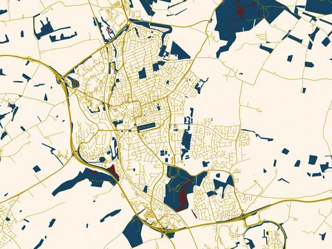 Flat city map of Kettering, United Kingdom in minimal cream and gold map