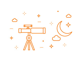 Telescope Stargazing with Moon and Stars  Line Art Illustration