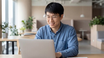 Smiling Asian Man Working on Laptop in Modern Office Environment