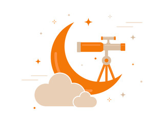 Crescent Moon Telescope  Astronomical Night Sky Observation Illustration