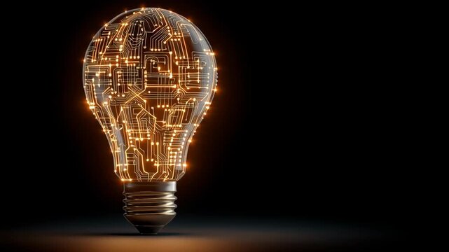 Digital light bulb glowing with circuit board design symbolizing creation and value digital circuit