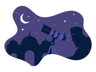 Muslim Man Observing Crescent Moon with Telescope  Flat Illustration