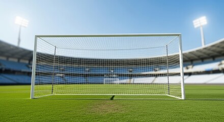 Fototapeta premium A soccer goalpost in a stadium with a clear blue sky in the background.