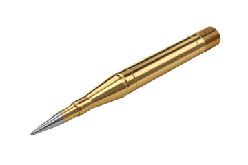 Golden bullet pen with silver tip on black background metallic