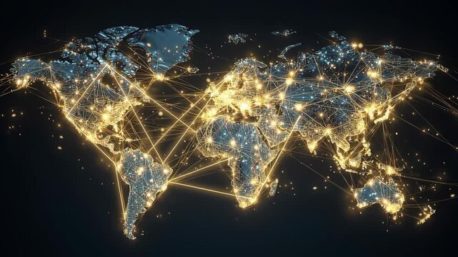 Digital world map glowing with global network connections showing value creation and data flow