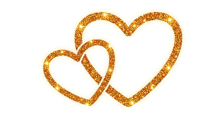 Two intertwined golden glitter hearts on white background