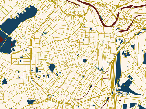 Poster-style map of Sheffield Center, United Kingdom using gold street network with deep red water