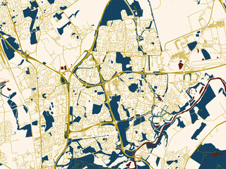 Fototapeta premium Urban map of Washington UK, United Kingdom in a flat palette: deep-red water with clean ivory streets and warm gold road lines on a soft cream background