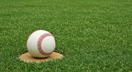 Close-up of baseball on a grass field; the ball is resting on an area of sandy brown dirt.