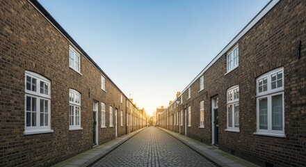 A narrow, brick-paved street with old, weathered buildings on either side, leading to a distant, sunlit horizon.