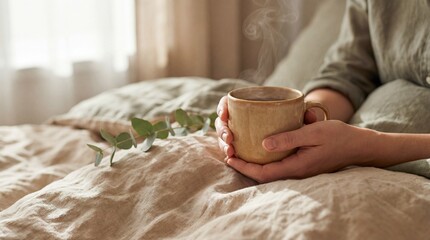 Hands Holding Ceramic Mug with Steam on Linen Bedding