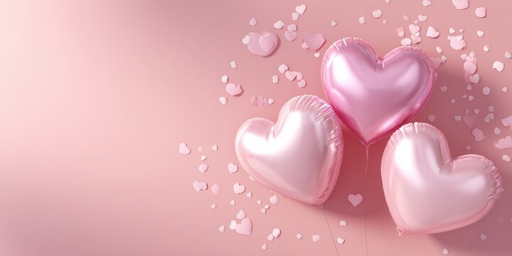 Elegant Valentine&rsquo;s Day flatlay with pastel hearts and glossy balloons, perfect for cards, posters, and web headers.