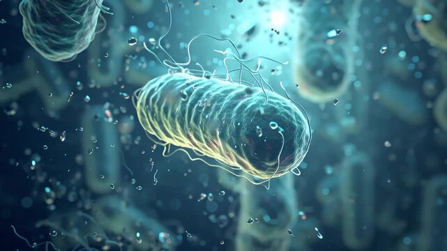 Microscopic view of a bacterium with flagella in a blue-toned environment surrounded by other microorganisms