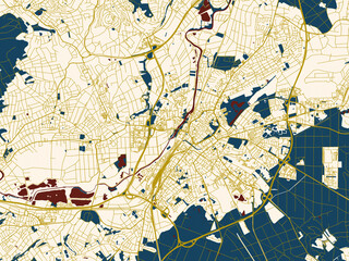 Fototapeta premium Abstract city map of Giessen, Germany with midnight red and gold palette