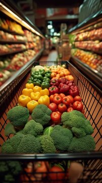 a supermarket cart loaded with nutritious foods. The cart is in the aisle of the supermarket shop.