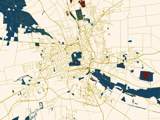 Obraz premium Decorative abstract map of Gotha, Germany, featuring warm gold street grid over a cream background with bold deep-red water areas