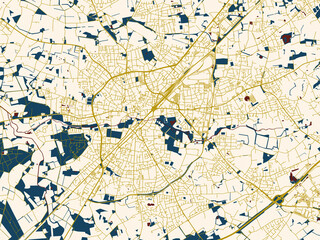 Obraz premium Decorative abstract map of Gutersloh, Germany, featuring cream-toned city field with gold linework streets and deep red waterways for strong contrast