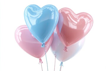 Pastel heart balloons pink, blue, purple, floating on a white background